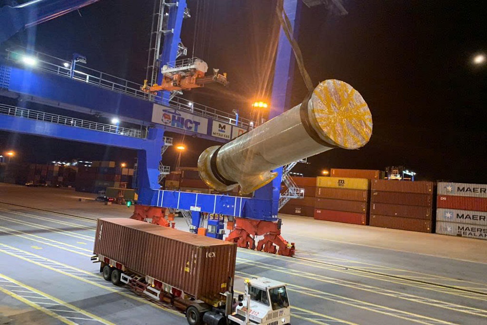 Fabricated pipe being delivered to a vessel at HICT terminal, Hai Phong