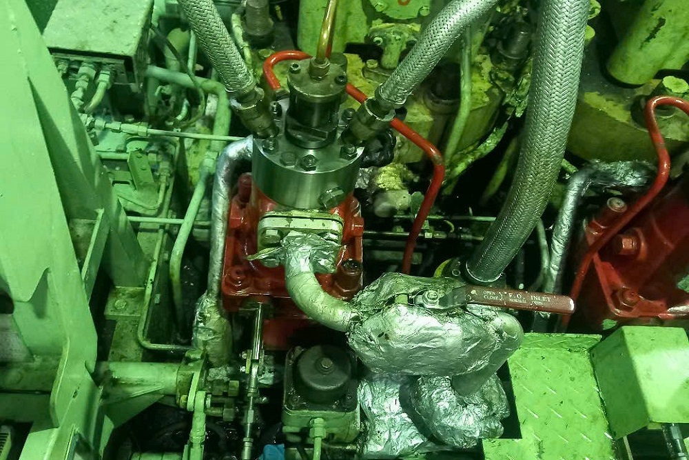 Main engine fuel pump refitted with high-pressure fuel pipes during overhaul