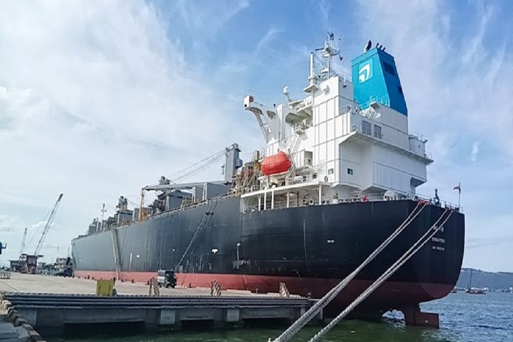 Geared bulk carrier alongside a berth at Quy Nhon Port, Vietnam